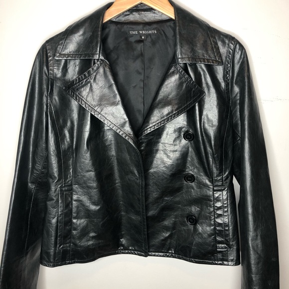 The Wrights Black Leather Double Breasted Jacket Moto Size 8 - Picture 9 of 13